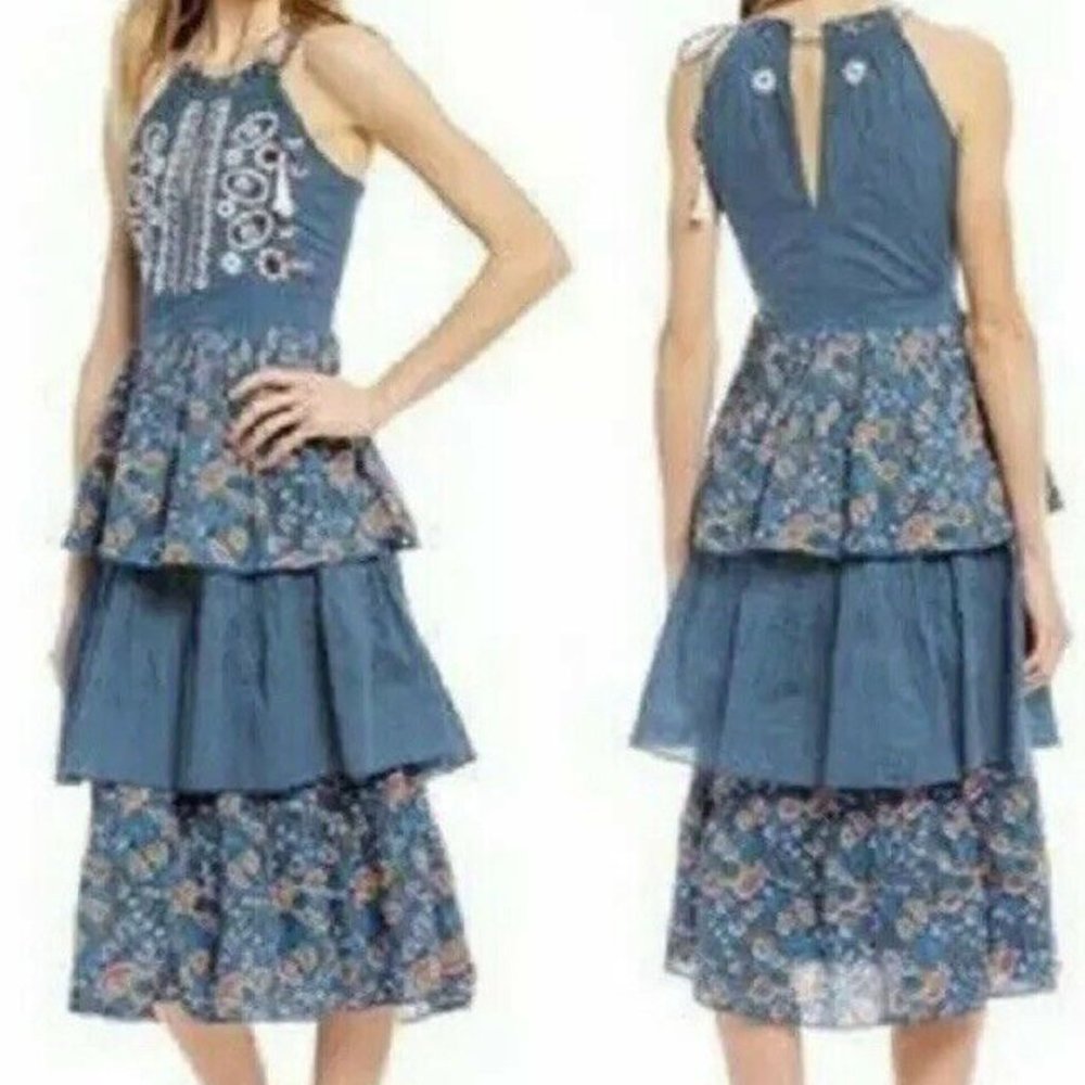 Kopal Izzy Boho Anthropologie Blue Foliage Triple Tiered Dress Medium - Picture 11 of 12